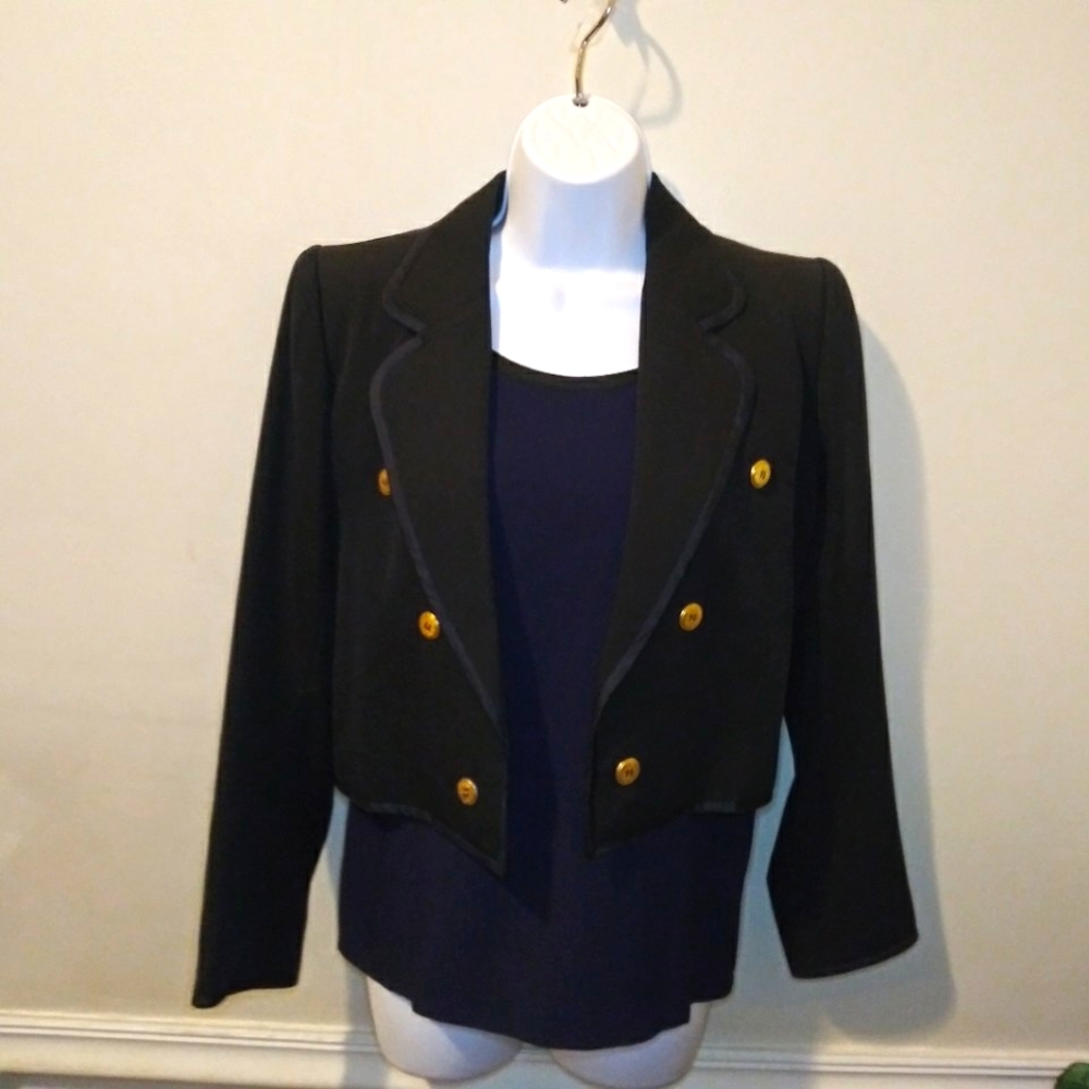 Vintage 1980's Saint Laurent Black Cropped Tuxedo Jacket & Navy Camisole Top